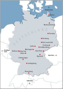 Deutschlandkarte mit der Route der historischen Theater in Deutschland von Putbus bis Ravensburg